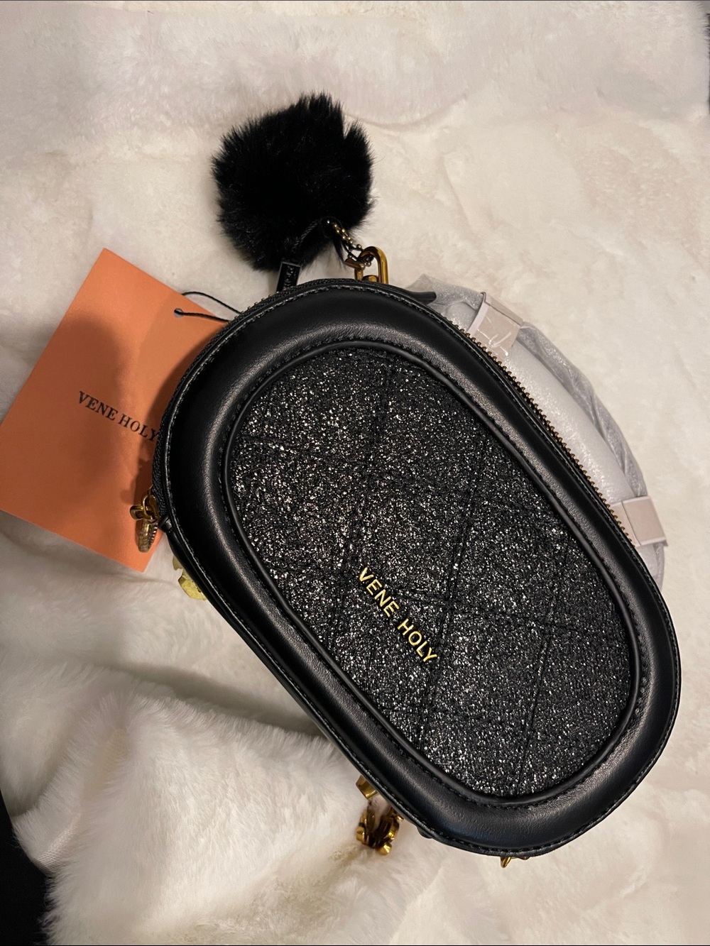 Vene Holy Black Quilted Glitter Oval Crossbody Bag with Gold Hardware